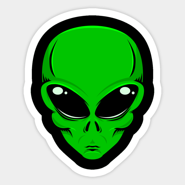 Green alien head with big black eyes Sticker by pickledpossums